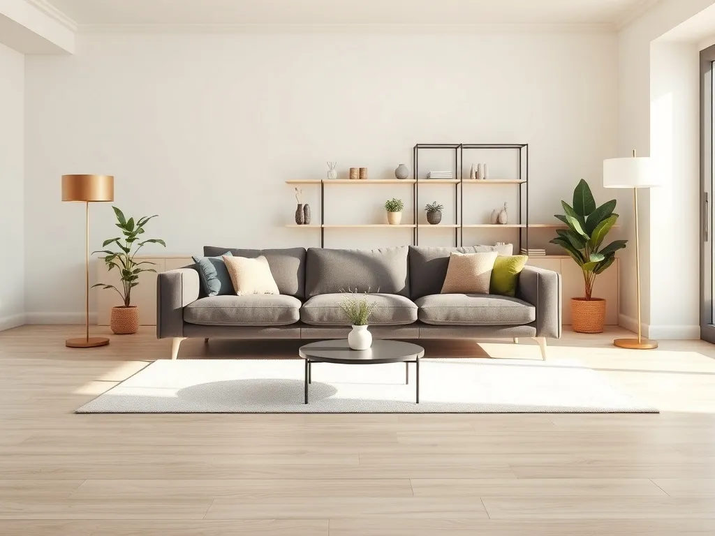 Nowoczesny salon z designerską sofą, prostym stolikiem i lampą, pokazujący stylowe, funkcjonalne aranżacje mebli.