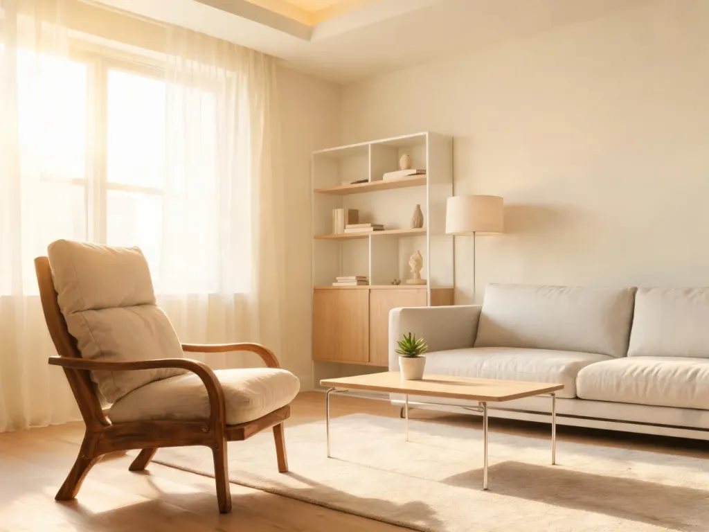 Przytulny salon łączący odnowiony vintage fotel z nowoczesną sofą i minimalistycznym stolikiem, w jasnym, ciepłym wnętrzu.