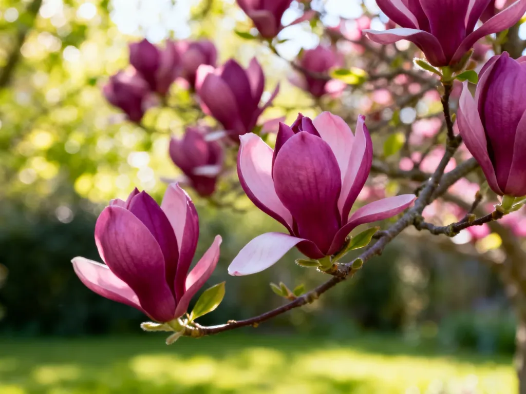 Rozkwitające kwiaty magnolii Jane o głębokiej, różowo-fioletowej barwie w słonecznym ogrodzie.