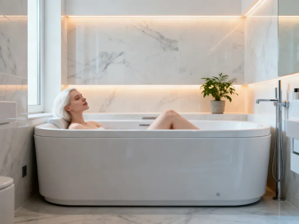 Kobieta relaksująca się w nowoczesnej, kompaktowej wannie w jasnej, eleganckiej łazience.