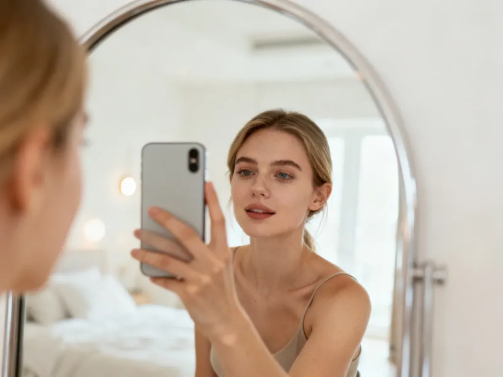 Młoda kobieta robi sobie selfie w dużym, stylowym lustrze w jasnej, minimalistycznej sypialni.