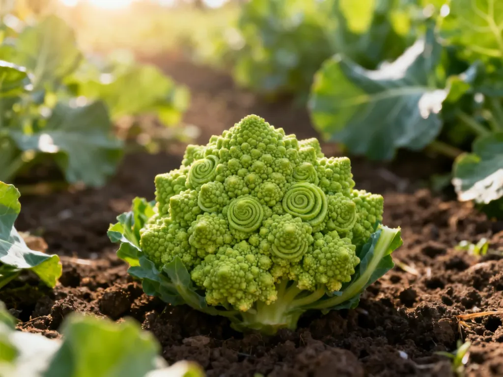 Zbliżenie na świeży kalafior romanesco z charakterystycznym spiralnym wzorem na tle słonecznego ogrodu warzywnego.