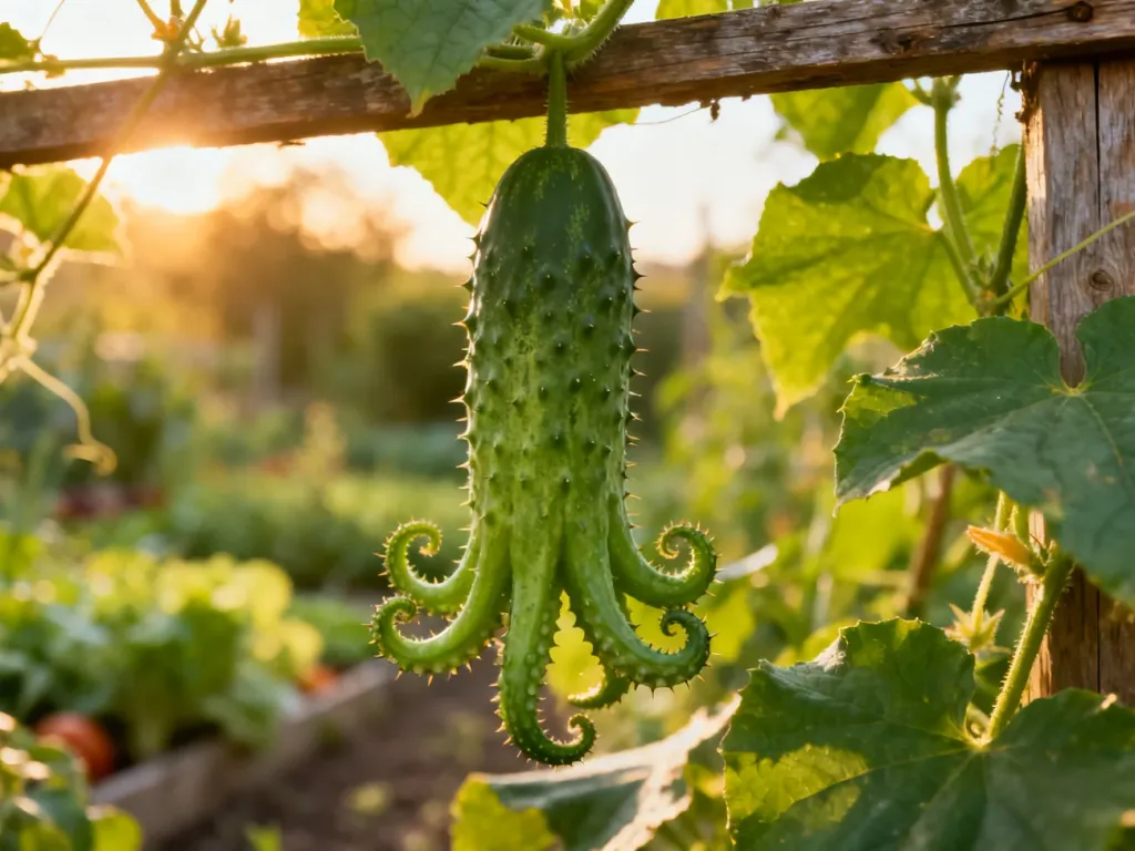 Dojrzały, zielony ogórek odmiany Octopus wiszący na drewnianej podporze w słonecznym ogrodzie.